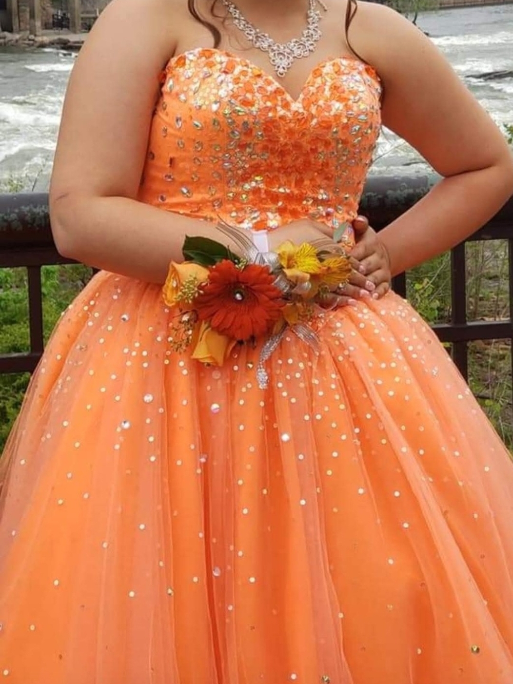 Girls Orange Sequin Ball Gown Dress with Strapless Sweetheart Neckline